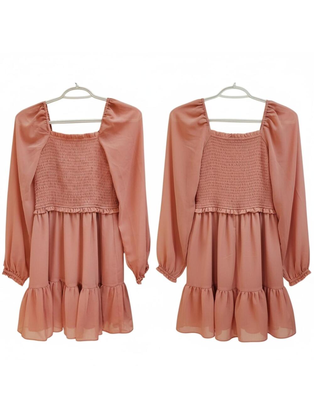 Pink Smocked Square Neck Ruffle Tiered Long Sleeve Dress XS